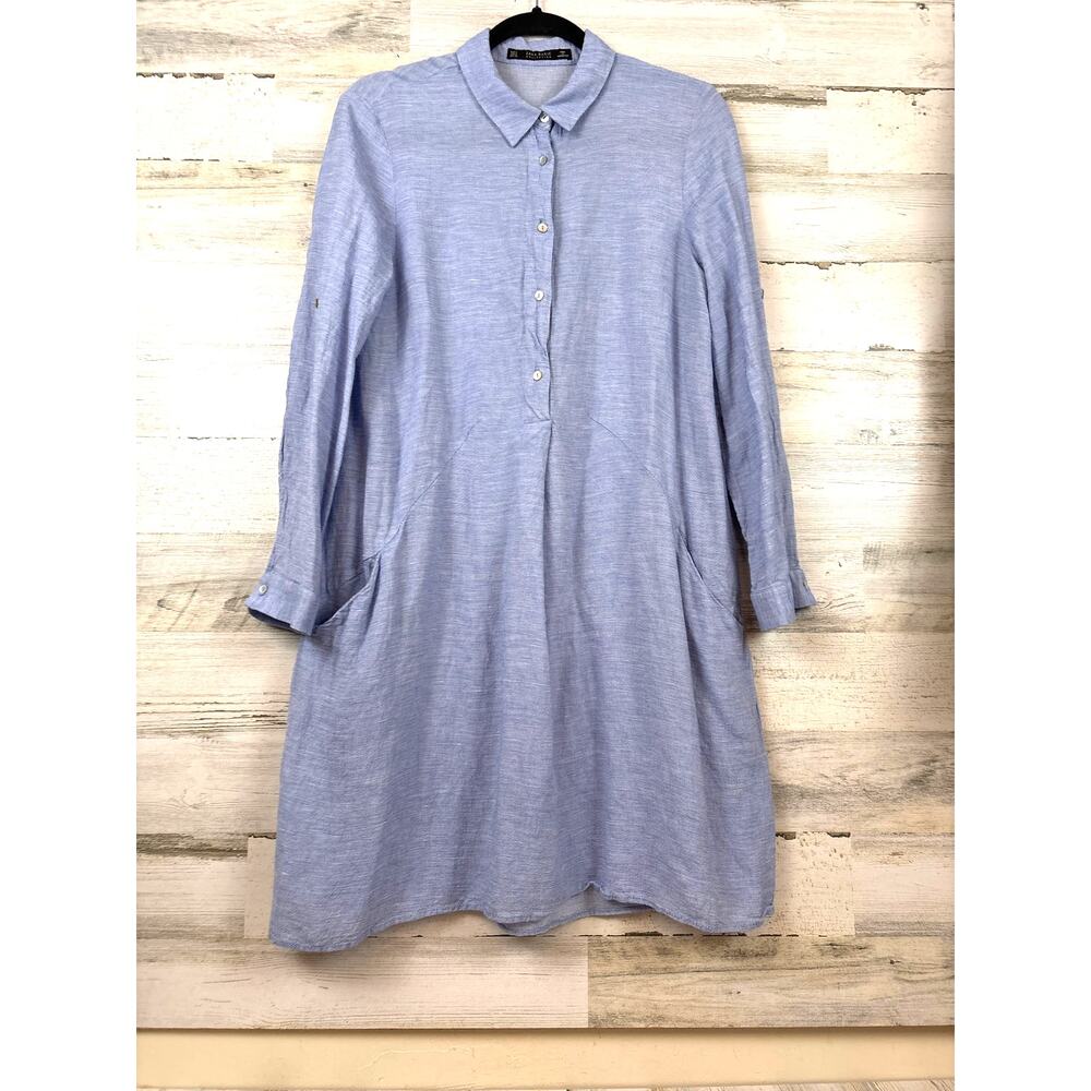 Zara Womens M Blue Linen Mini Dress Lightweight Casual Coastal Chic
